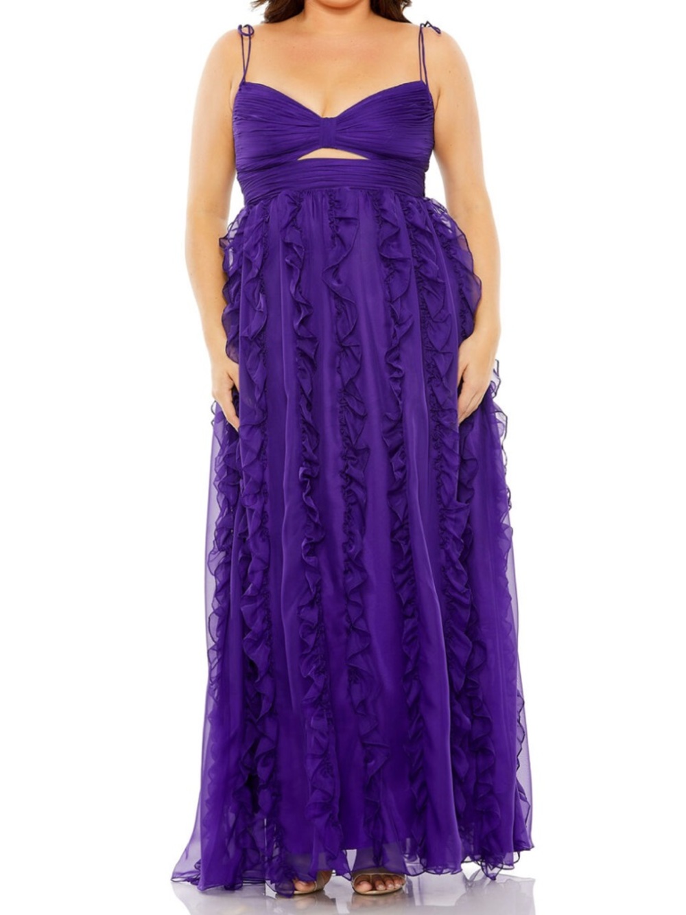 NWT Mac Duggal Sz 14W Purple Ruffled Maxi Dress with Tie Straps 68543